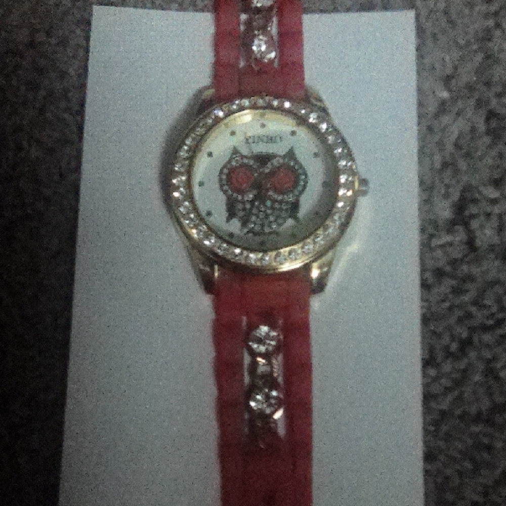 Geneva Red Watch with Owl and Crystal Details